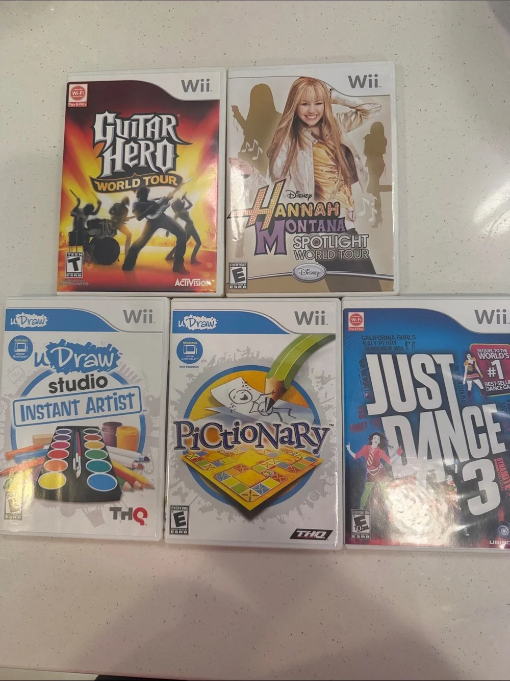 Nintendo Wii Game Creativity Bundle- Draw;Pictionary; Just Dance 3; Guitar Hero